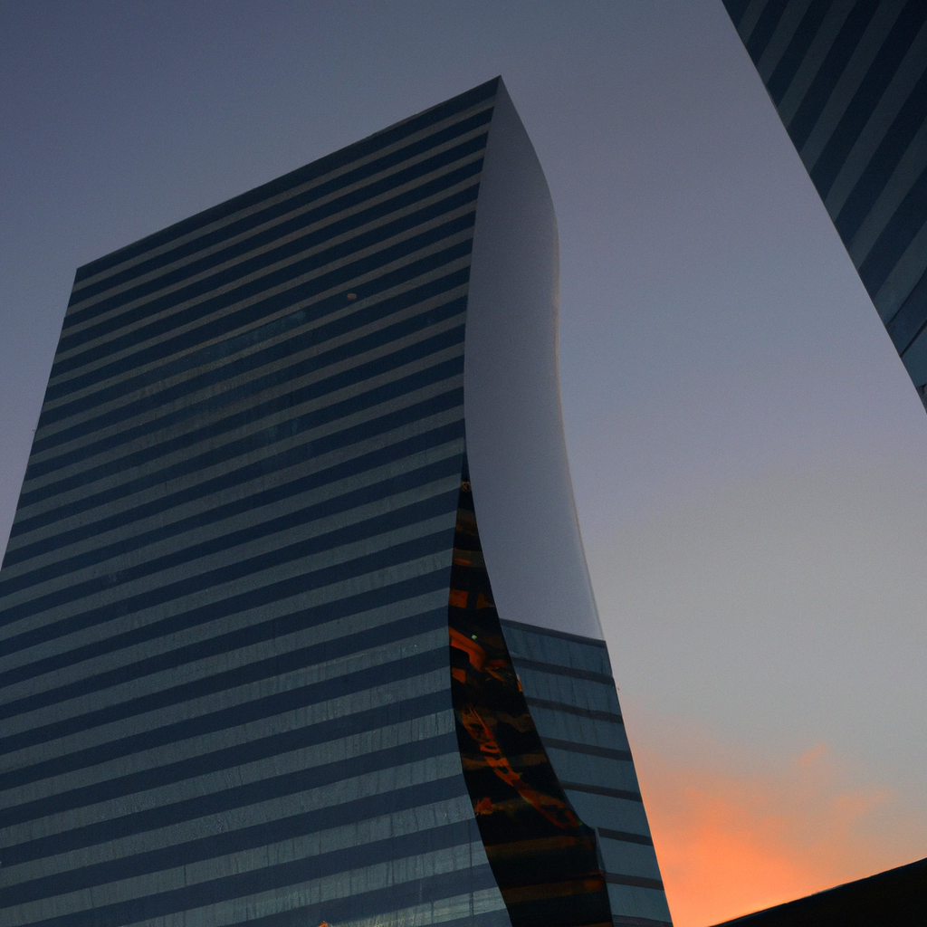 Edificio moderno en Santiago de Chile con luz de amanecer reflejada en fachada de vidrio, estilo corporativo